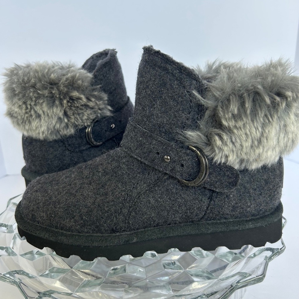 BEARPAW Women's Gray Wool Blend‎ Faux Fur Cuff Winter Ankle Boots Size 6